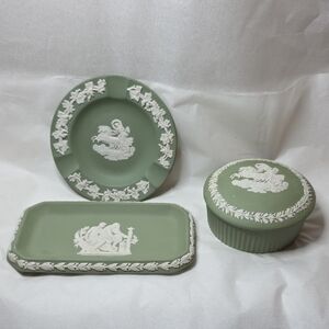 Wedgwood Sage Green Jasperware Set Of 3 Pieces